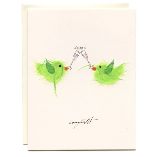 "CONGRATS!" GREEN BIRDS WITH CHAMPAGNE CARD