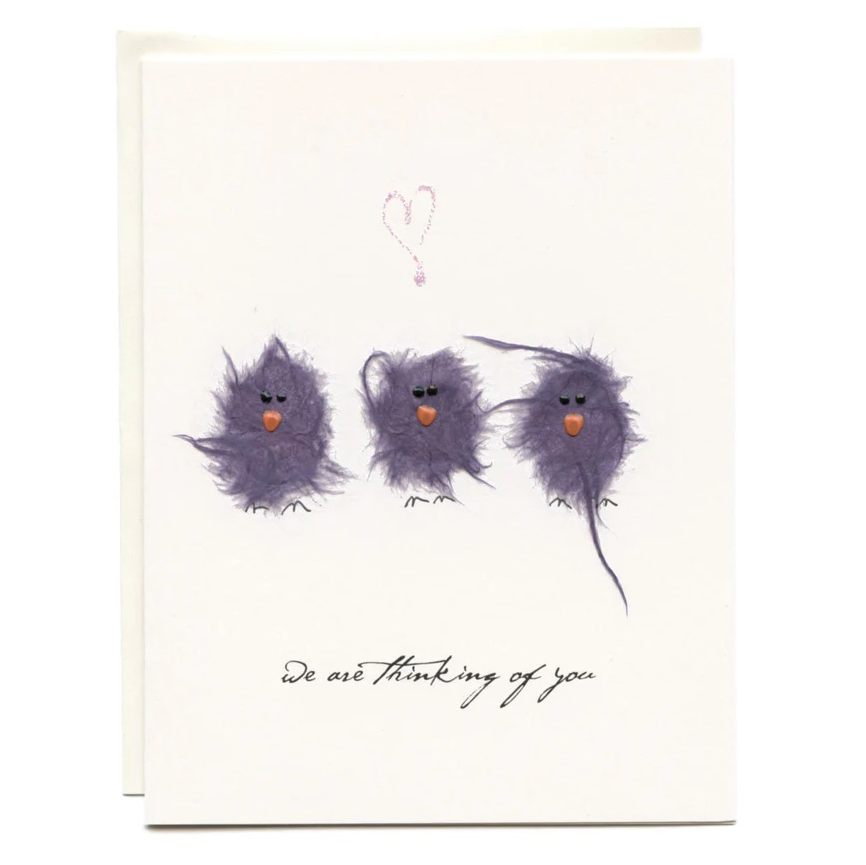 "WE ARE THINKING OF YOU" Three Purple Birds Card